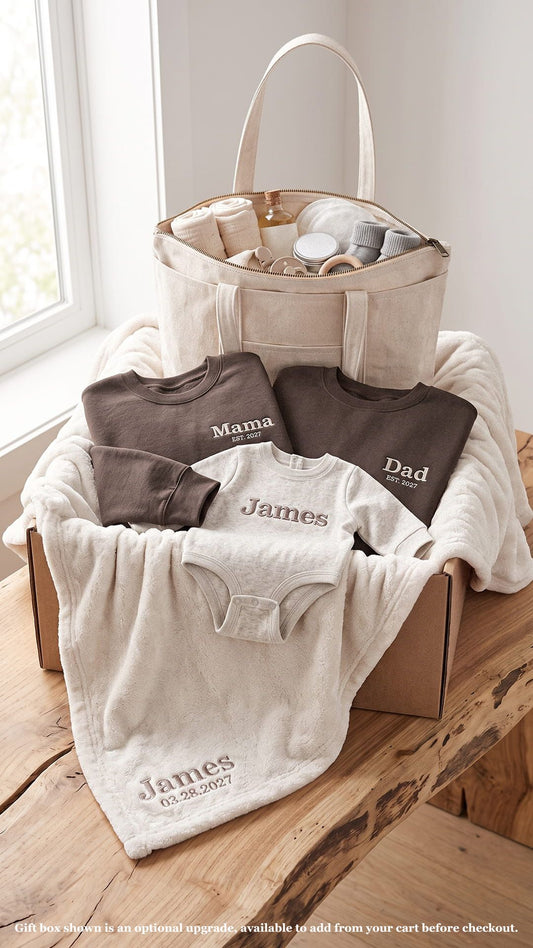 Personalized New Family Gift Set | Mama & Dad Sweatshirts, Baby Fleece, Blanket & Tote