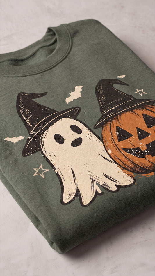 Ghost & Pumpkin Halloween Sweatshirt | Vintage Witch Hat Design