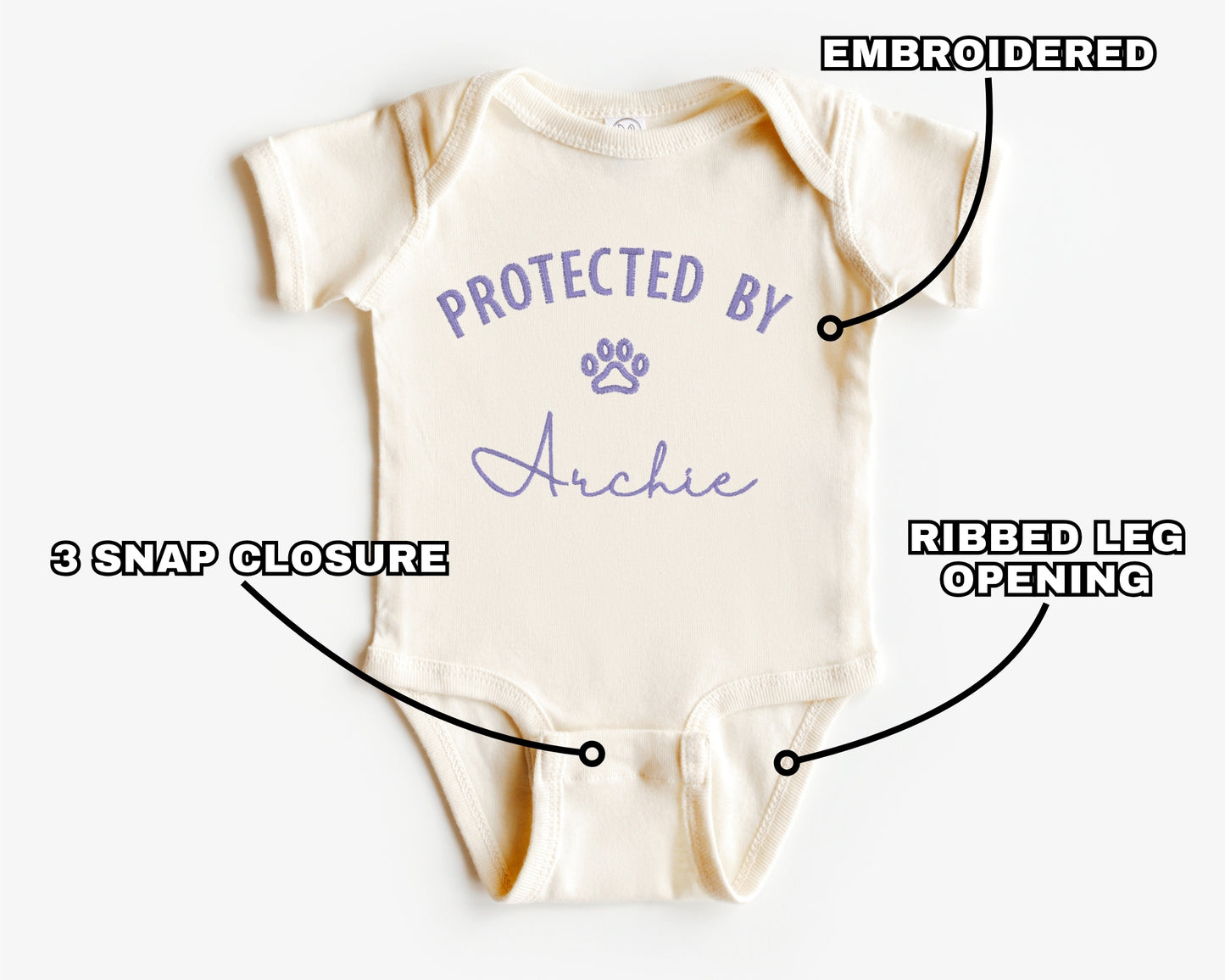 Protected by Dog Embroidered Bodysuit
