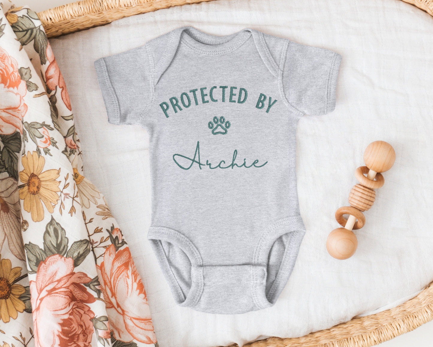 Protected by Dog Embroidered Bodysuit