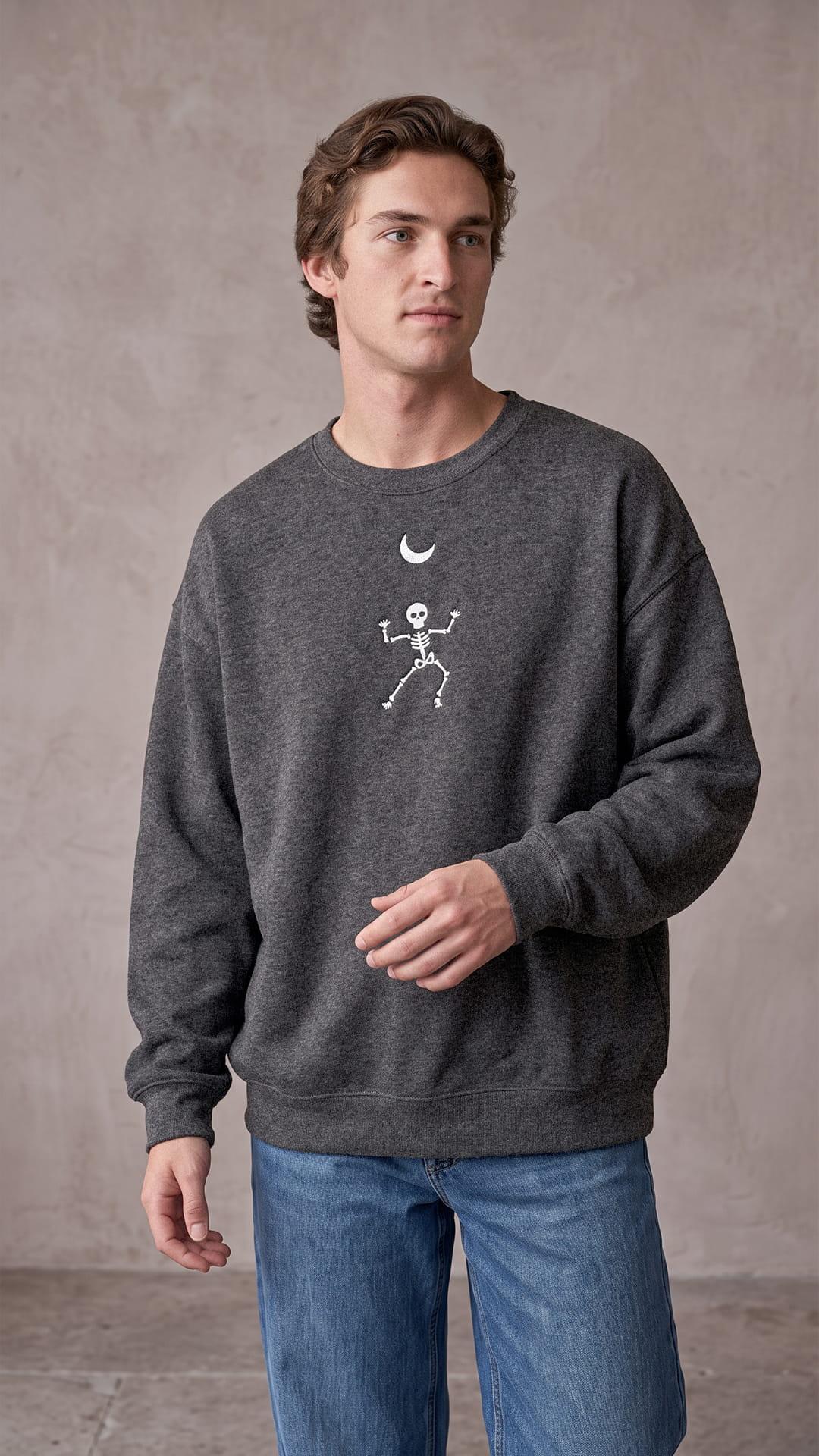 Embroidered Dancing Skeleton Halloween Sweatshirt | Crescent Moon