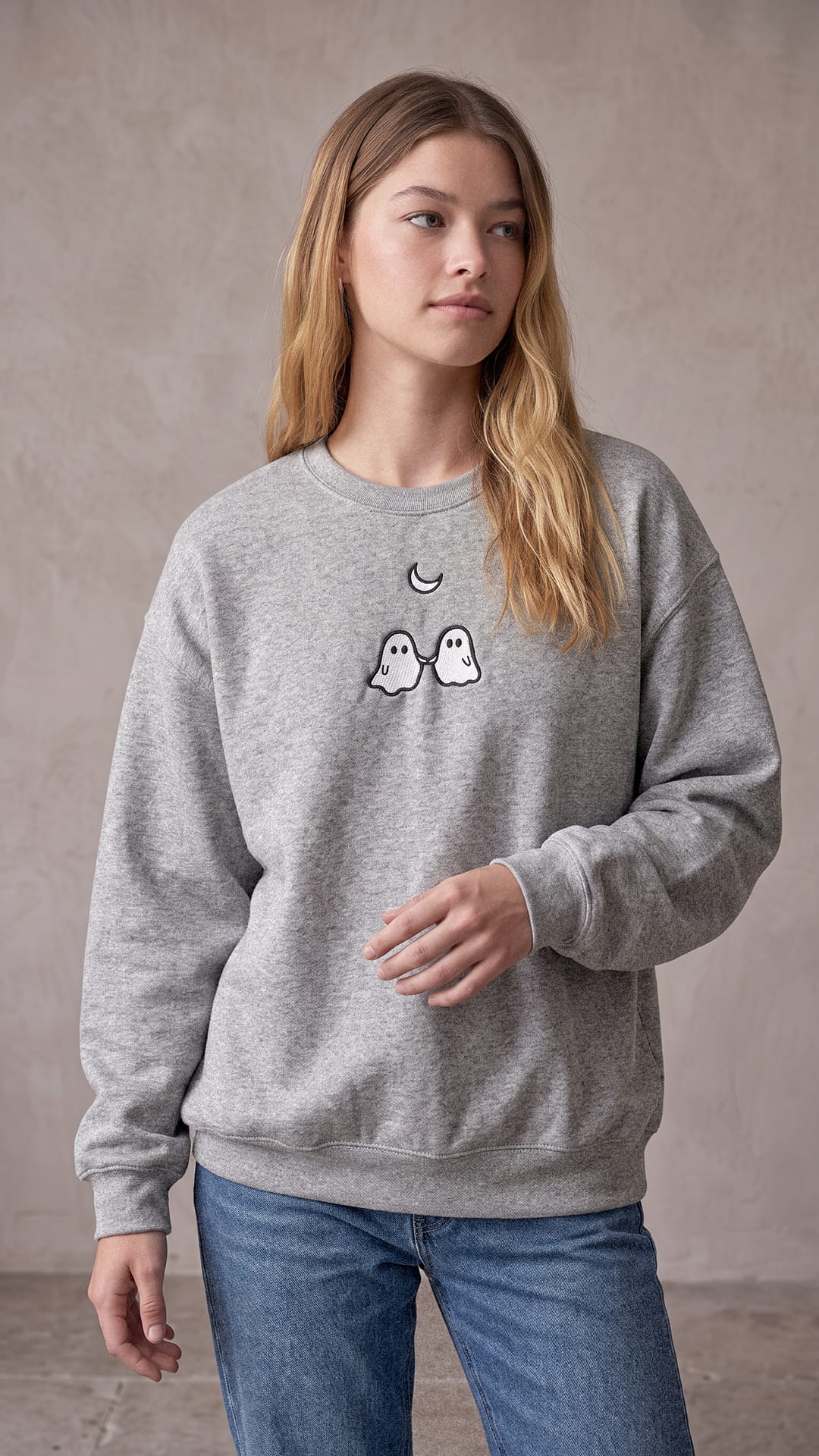 Embroidered Ghosts Holding Hands Halloween Sweatshirt | Crescent Moon
