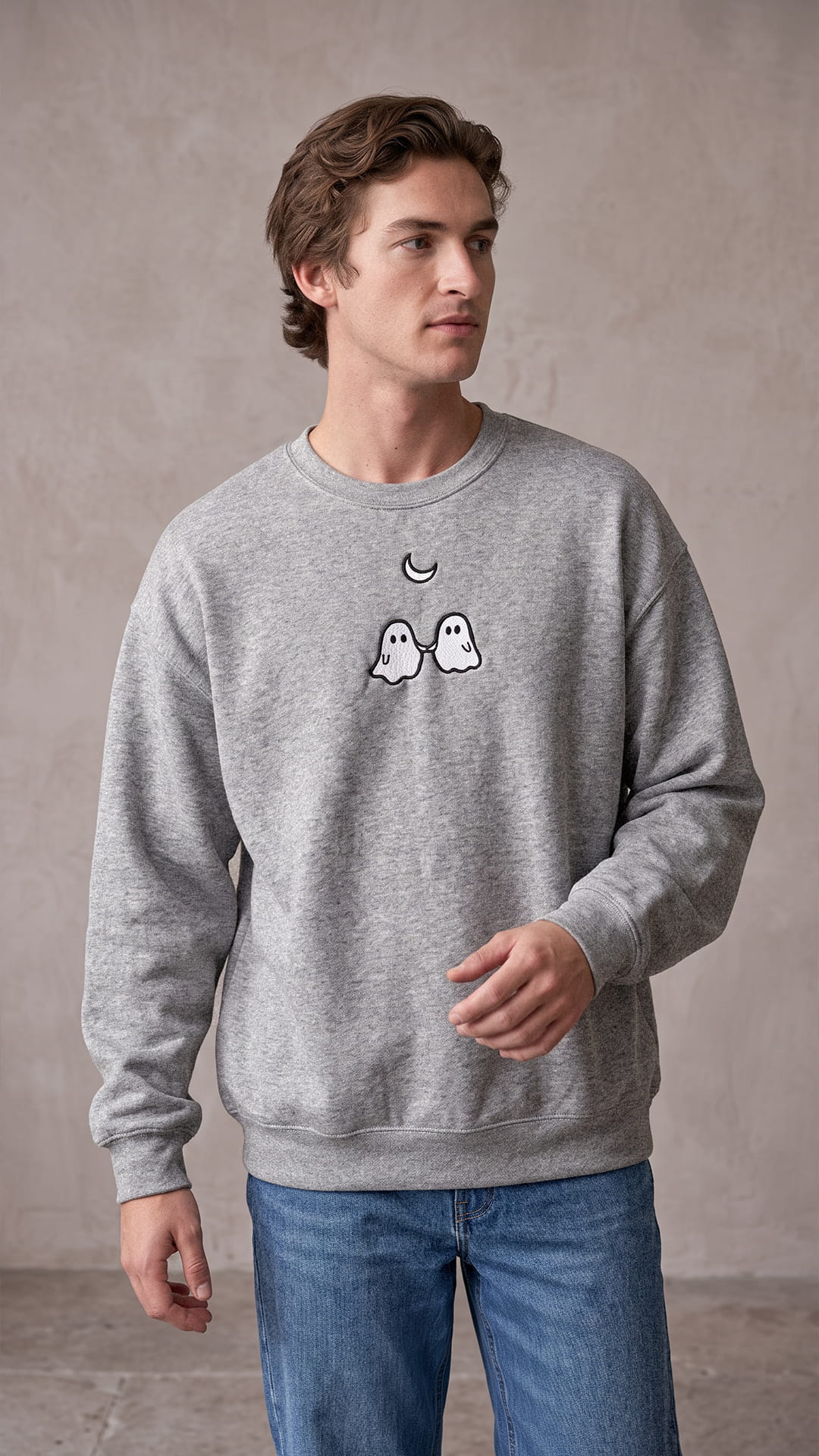 Embroidered Ghosts Holding Hands Halloween Sweatshirt | Crescent Moon