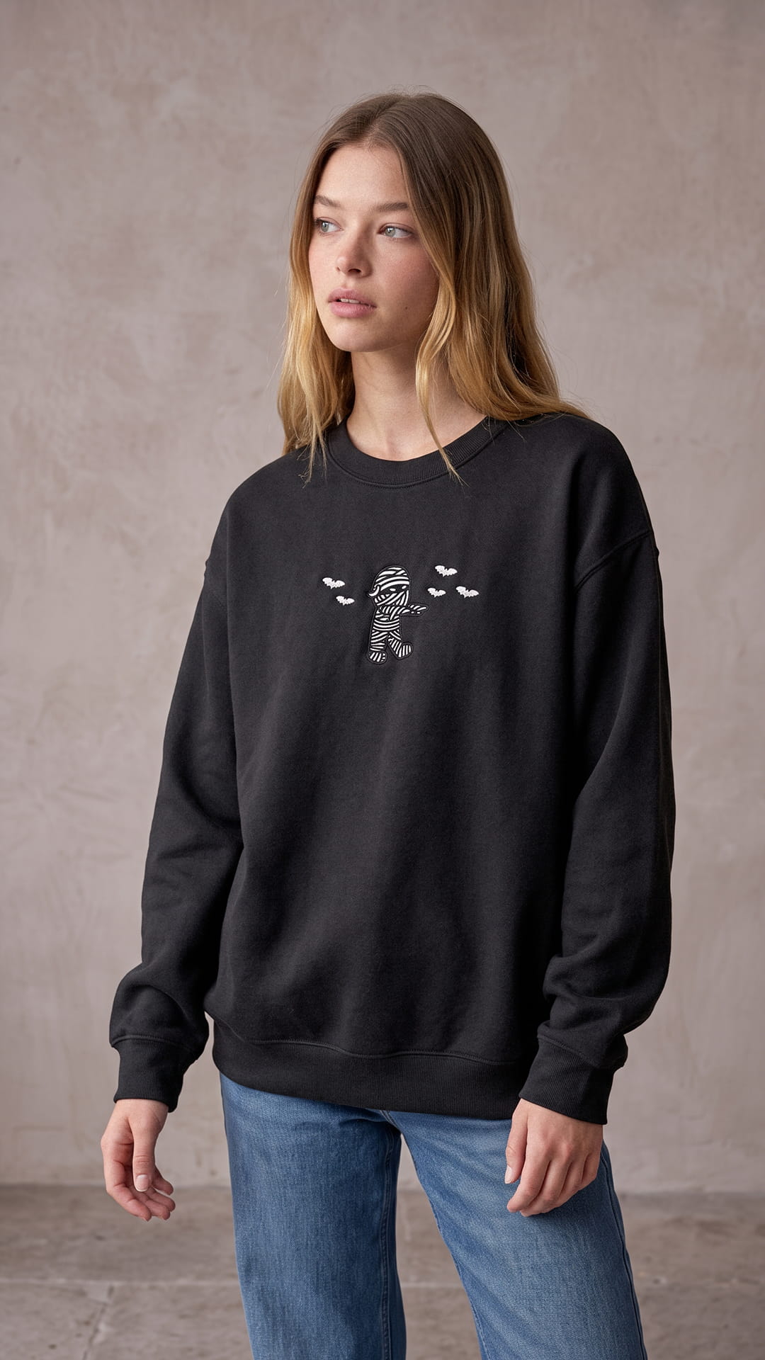 Embroidered Mummy Halloween Sweatshirt | Cute Mummy & Bats