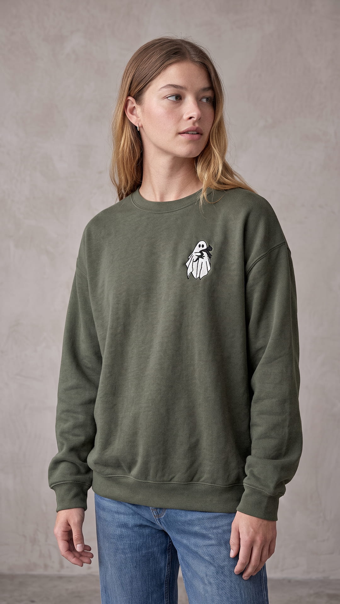 Embroidered Ghost Holding Cat Halloween Sweatshirt | Spooky Cat Lover Gift