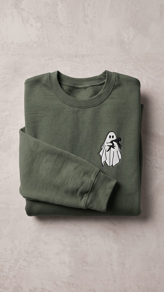 Embroidered Ghost Holding Cat Halloween Sweatshirt | Spooky Cat Lover Gift