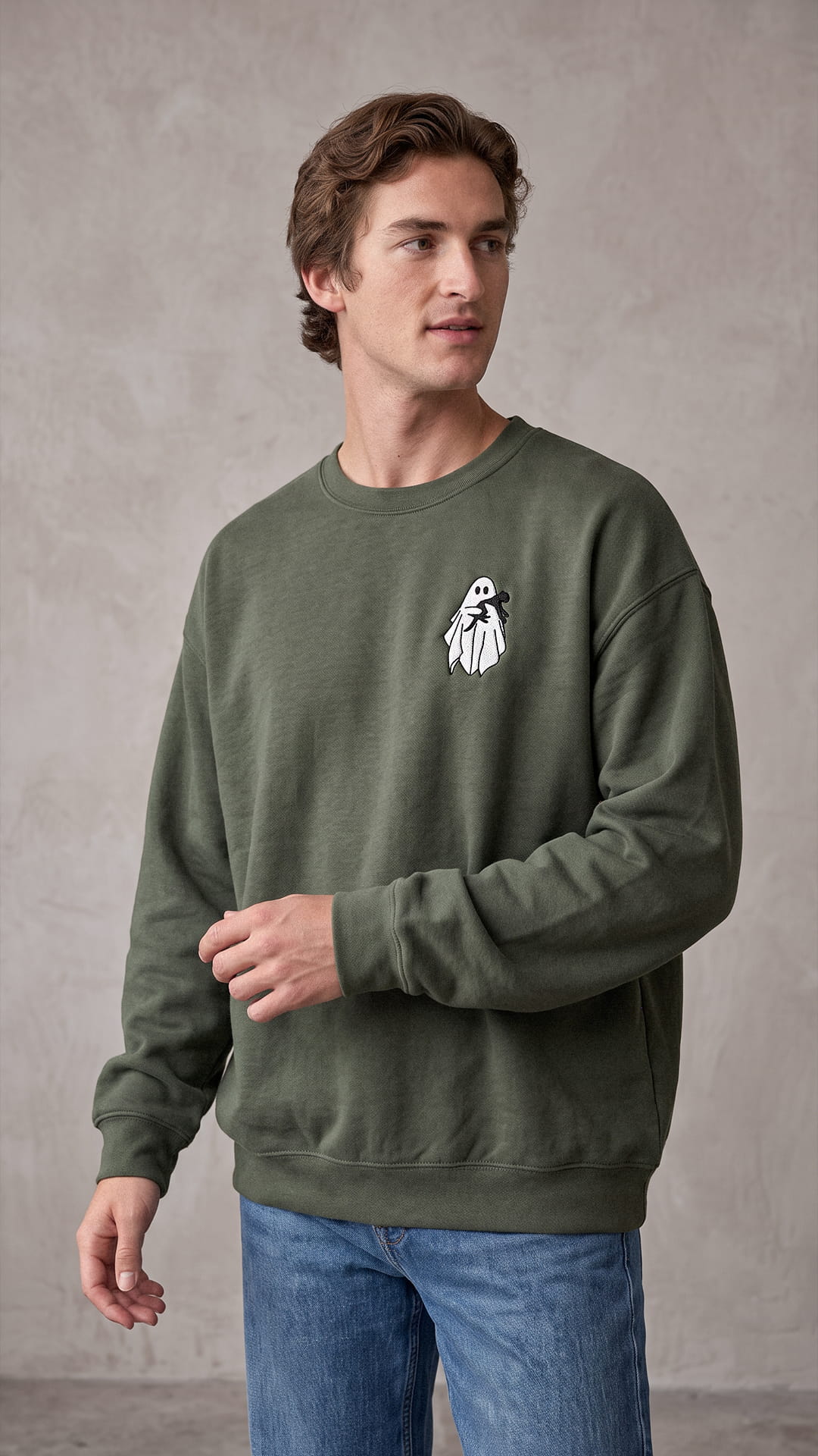 Embroidered Ghost Holding Cat Halloween Sweatshirt | Spooky Cat Lover Gift
