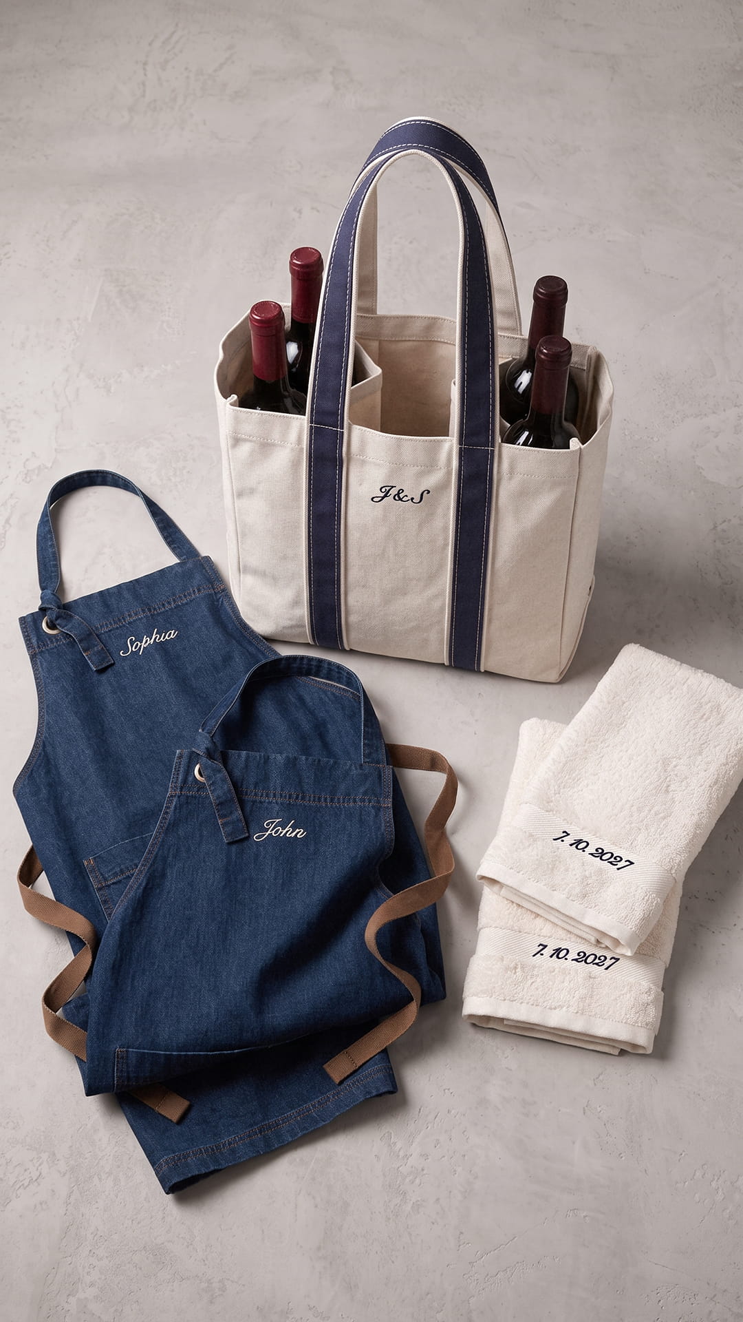 Personalized Couples Apron Set | Wine Carrier & Anniversary Date Towels