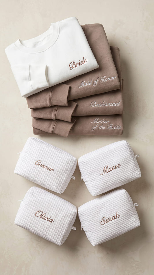 The Bridal Party Gift Set | Script Embroidered Sweatshirt & Personalized Spa Bag
