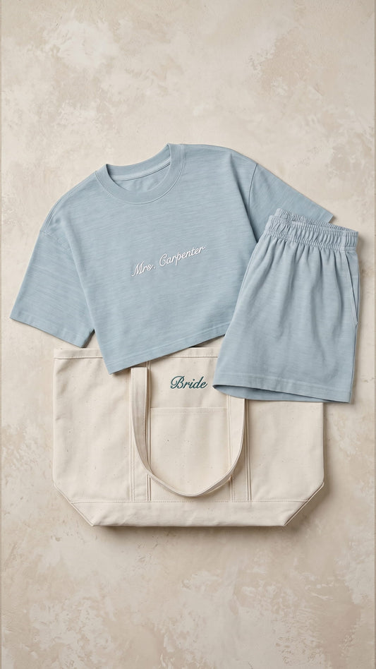 The Mrs. Gift Set | Embroidered Crop Tee, Matching Shorts & Bridal Tote