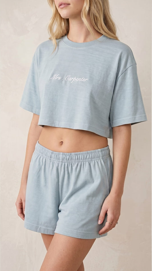 The Mrs. Gift Set | Embroidered Crop Tee, Matching Shorts & Bridal Tote