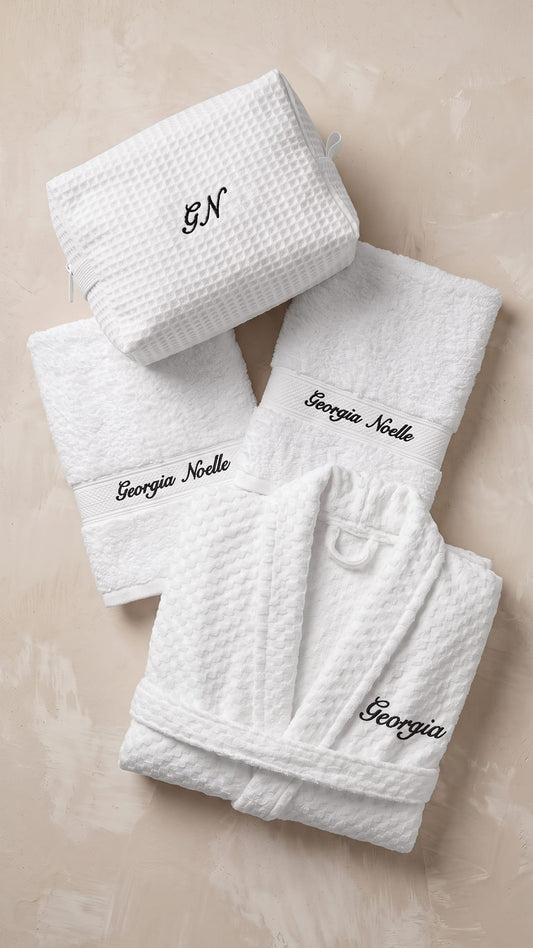 Personalized Robe Gift Set | Embroidered Robe, Waffle Bag & Hand Towels