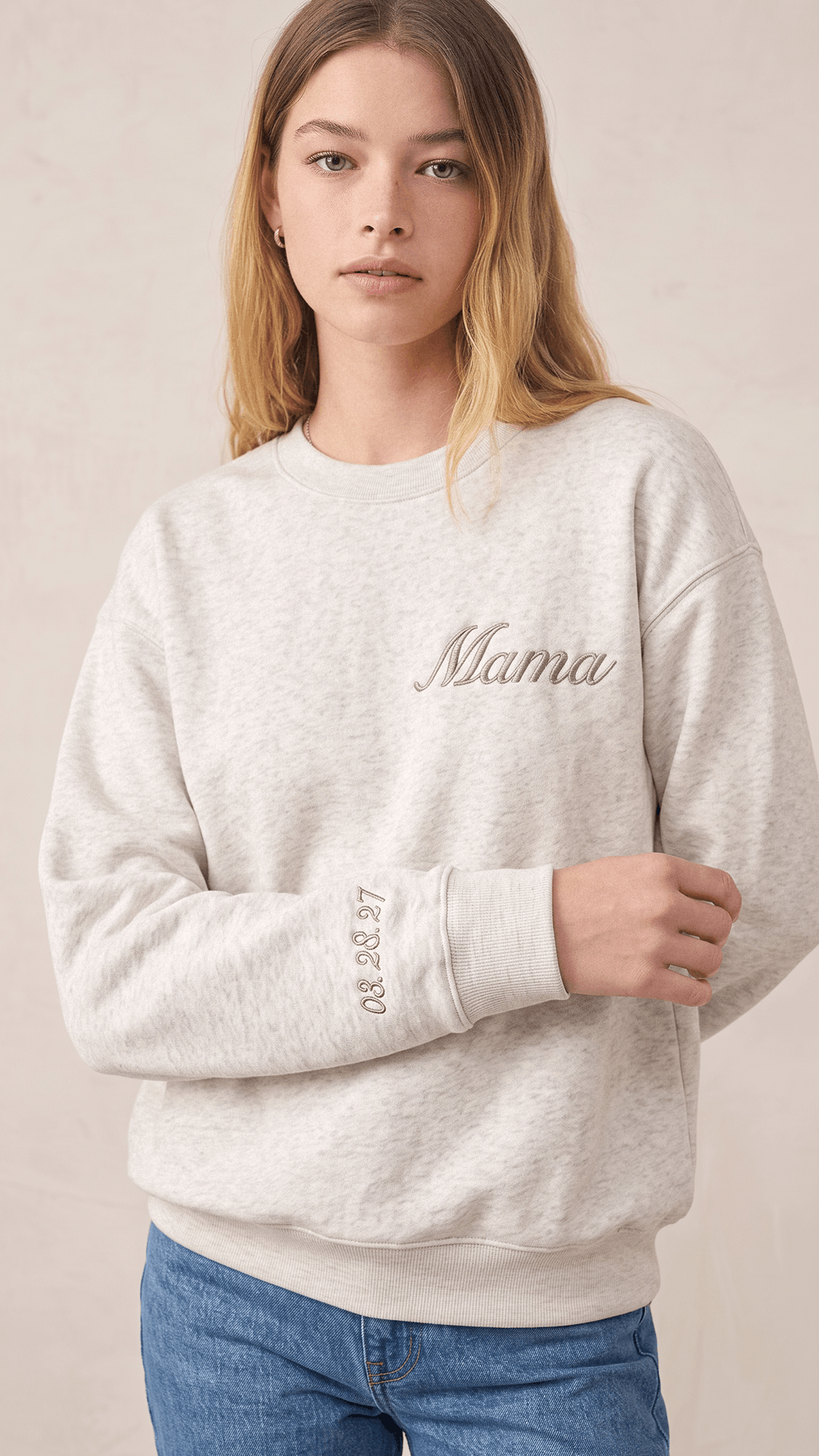 Personalized Mama Script Sweatshirt | Custom Baby Date Sleeve Embroidery