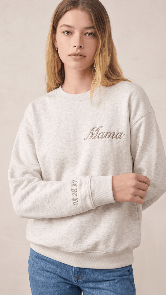 Personalized Mama Script Sweatshirt | Custom Baby Date Sleeve Embroidery