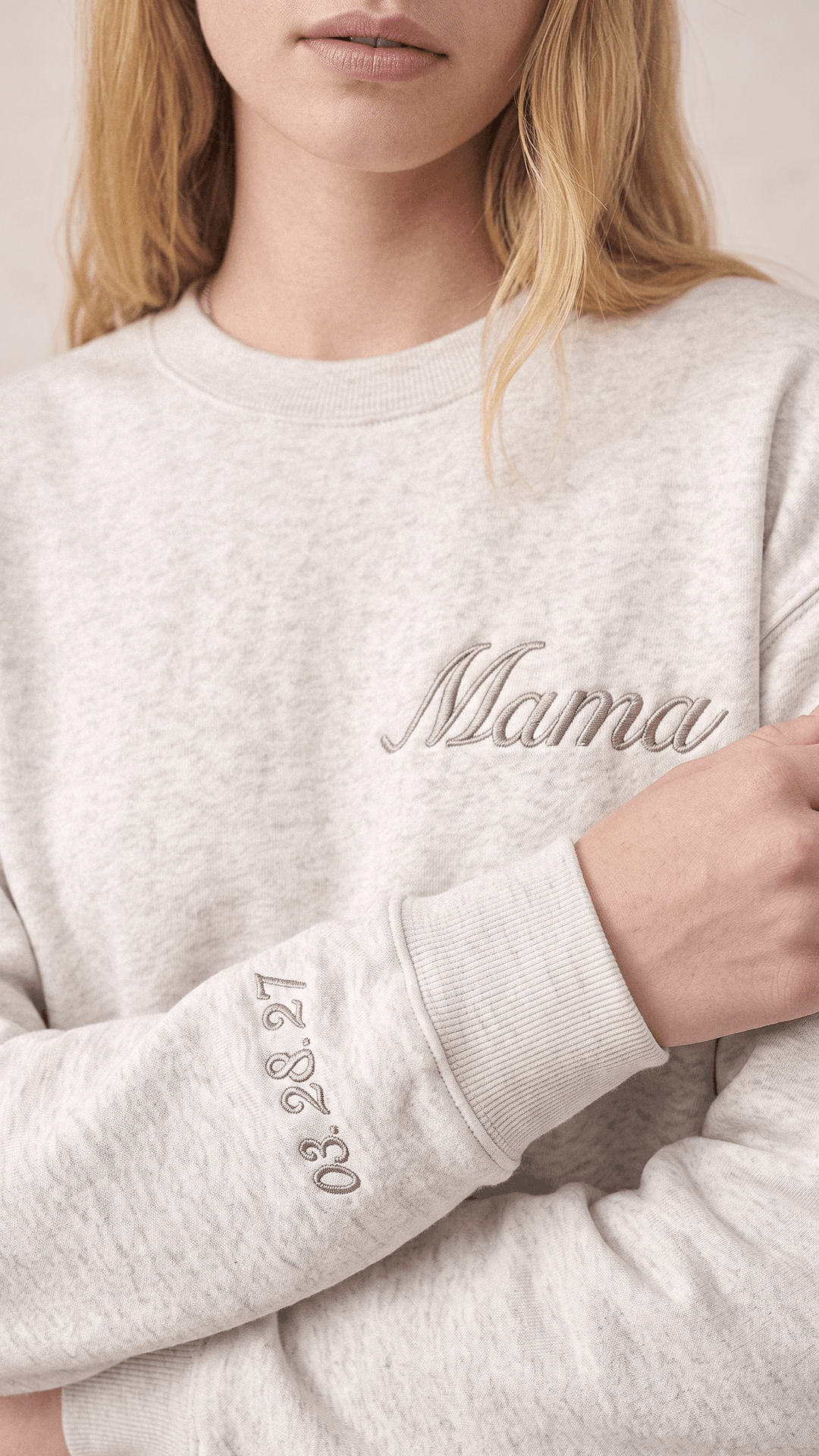 Personalized Mama Script Sweatshirt | Custom Baby Date Sleeve Embroidery