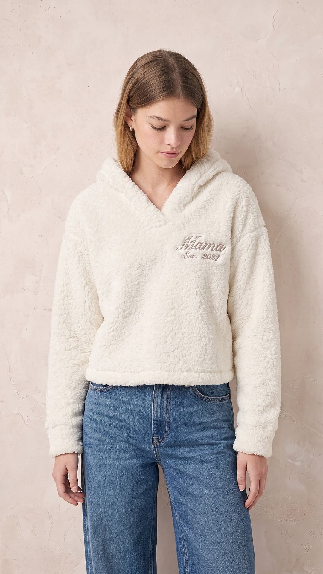 Script Embroidered Cozy Fleece Hoodie