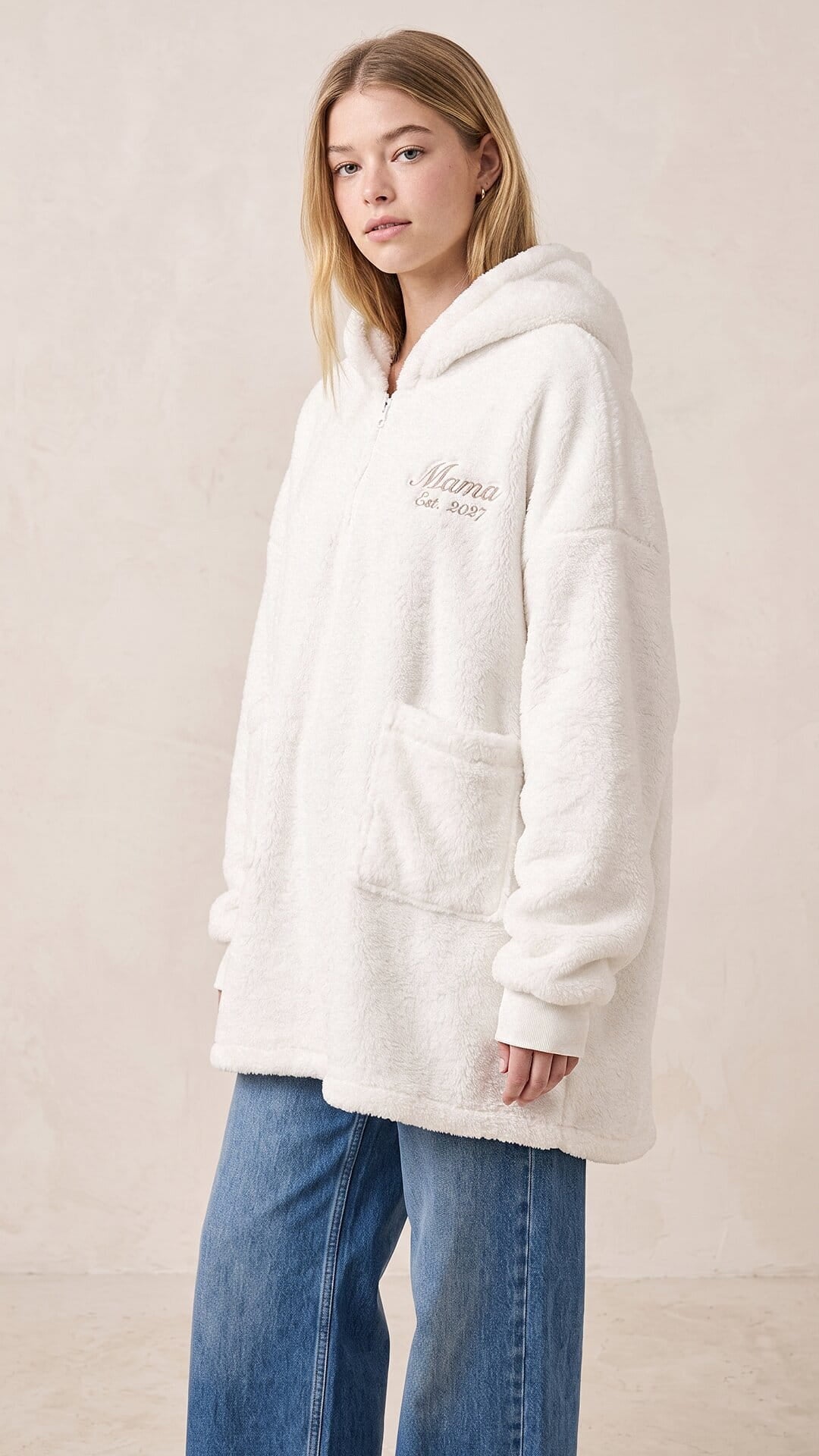Script Embroidered Plush Poncho
