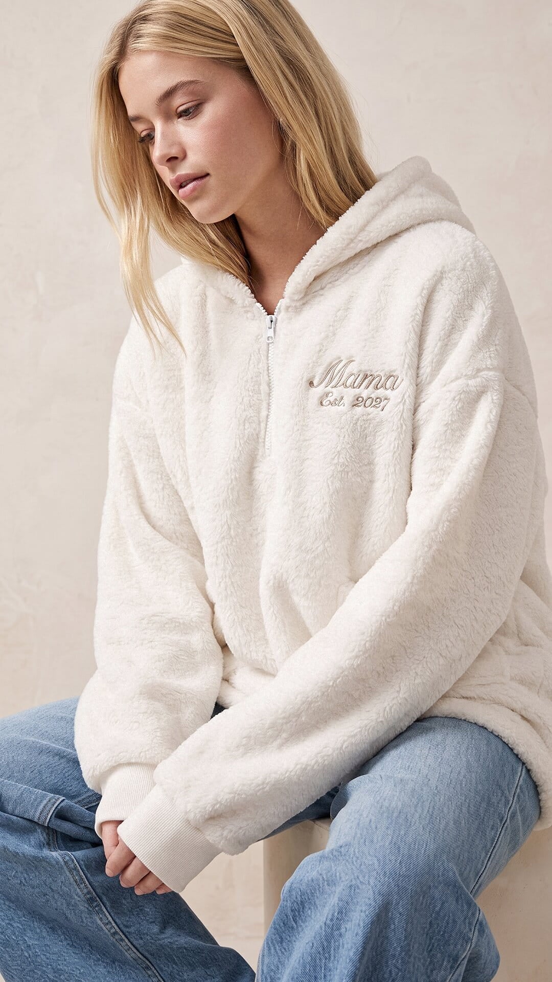 Script Embroidered Plush Poncho