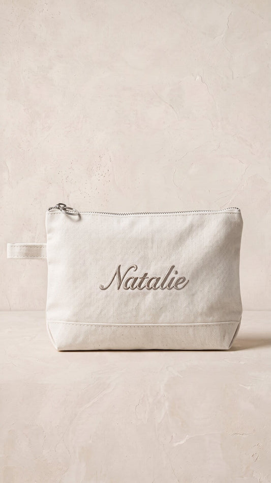 Script Embroidered Canvas Makeup Pouch