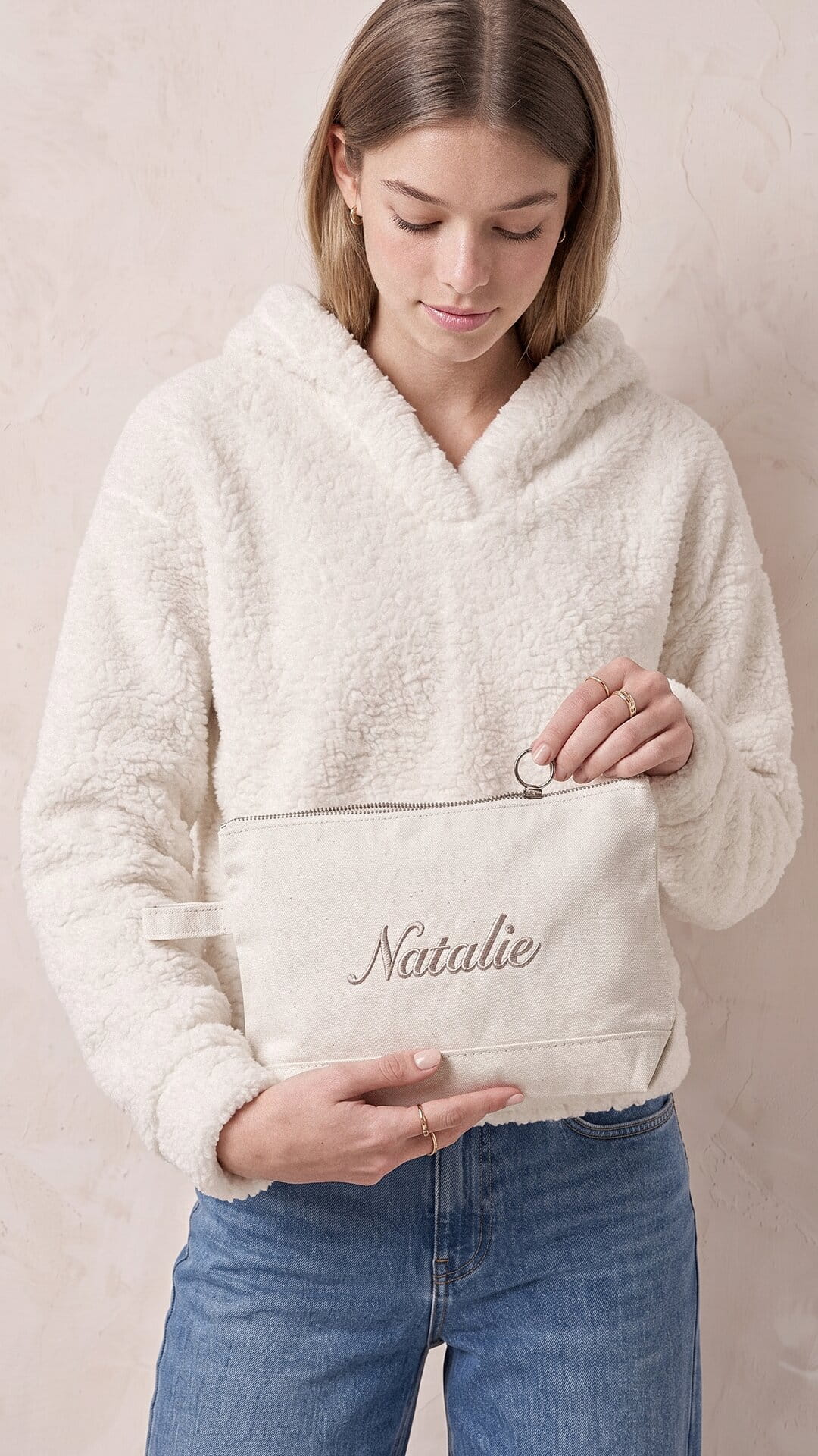 Script Embroidered Canvas Makeup Pouch