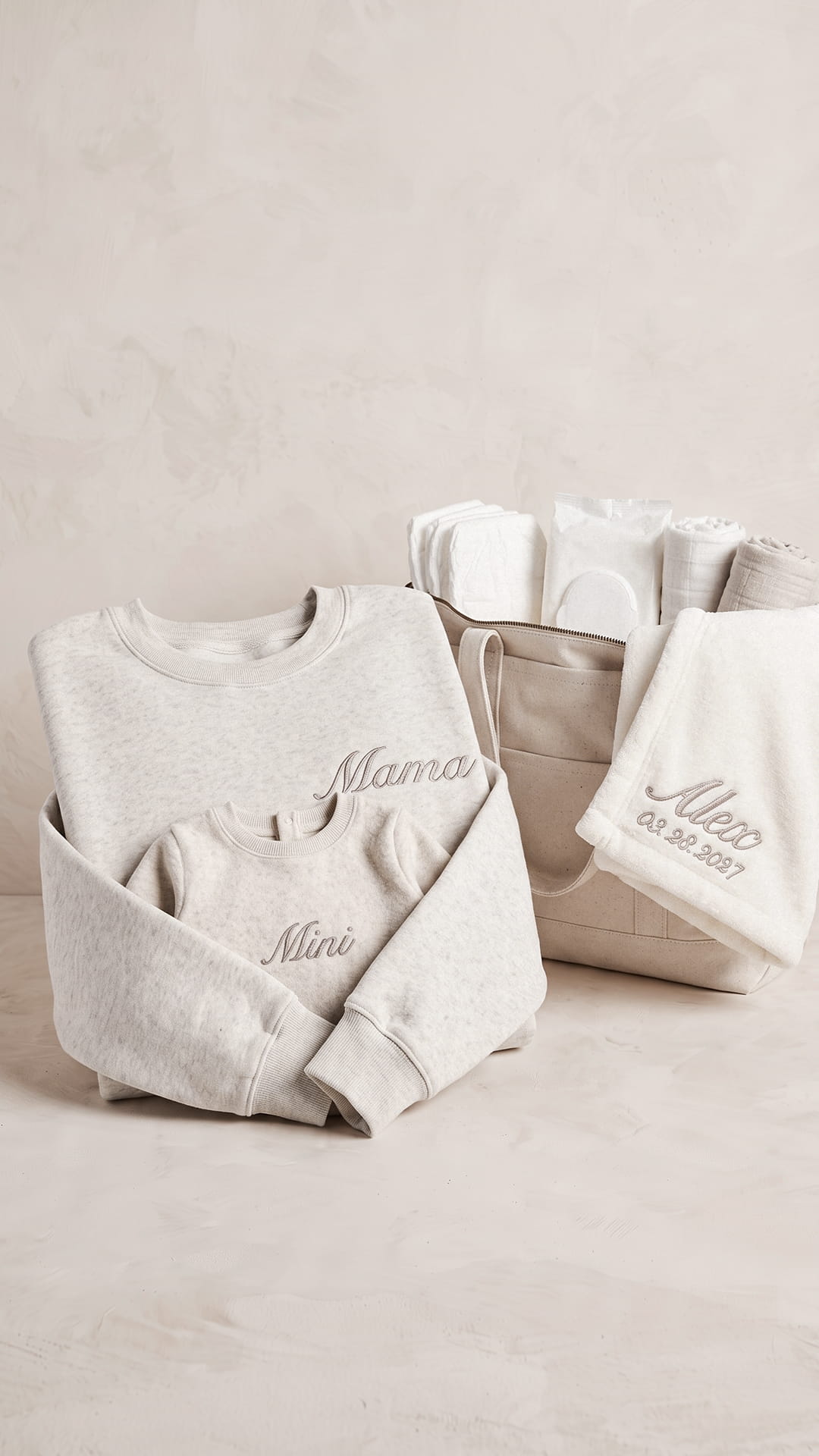 Mama & Mini New Mom Gift Set | Embroidered Sweatshirt, Baby Bodysuit, Personalized Blanket & Tote