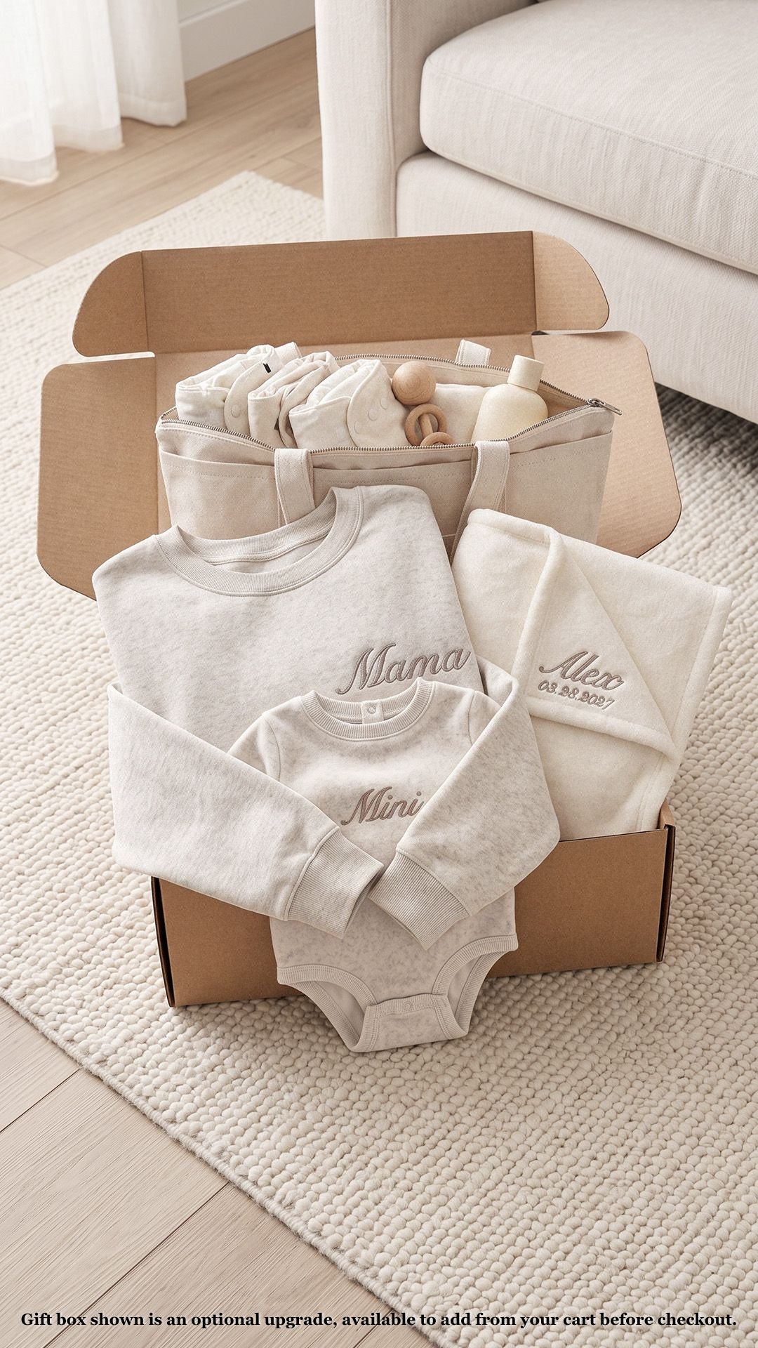 Mama & Mini New Mom Gift Set | Embroidered Sweatshirt, Baby Bodysuit, Personalized Blanket & Tote