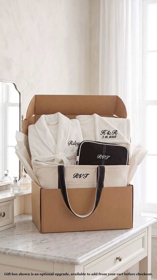 Personalized Anniversary Gift Set | Plush Robe, Couple Blanket, Monogram Tote & Dopp Kit
