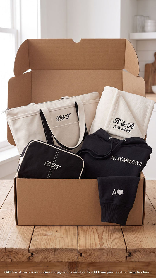 Personalized Anniversary Gift Set | Roman Numeral Hoodie, Couple Blanket, Monogram Tote & Dopp Kit