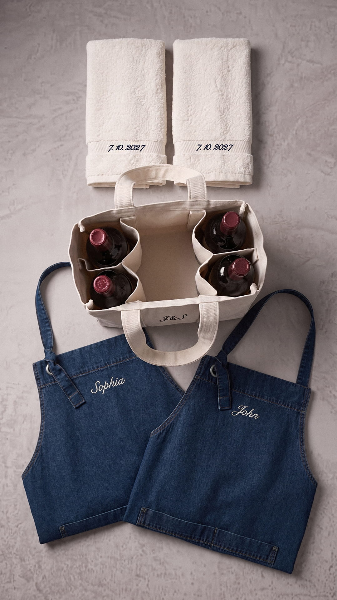 Personalized Couples Apron Set | Wine Carrier & Anniversary Date Towels