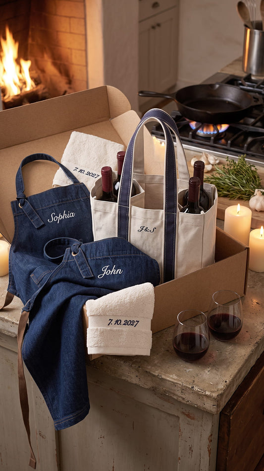 Personalized Couples Apron Set | Wine Carrier & Anniversary Date Towels