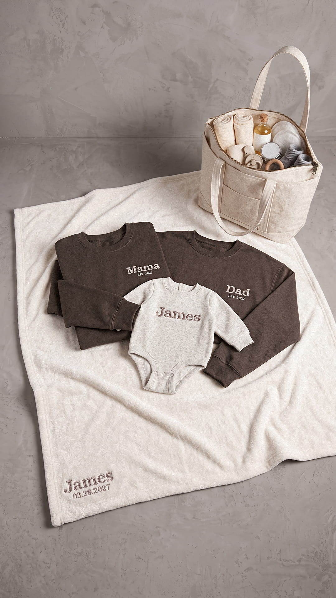 Personalized New Family Gift Set | Mama & Dad Sweatshirts, Baby Fleece, Blanket & Tote
