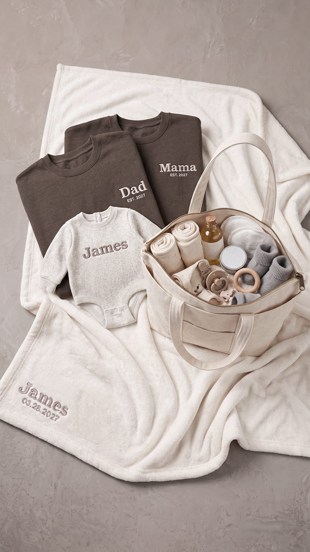 Personalized New Family Gift Set | Mama & Dad Sweatshirts, Baby Fleece, Blanket & Tote