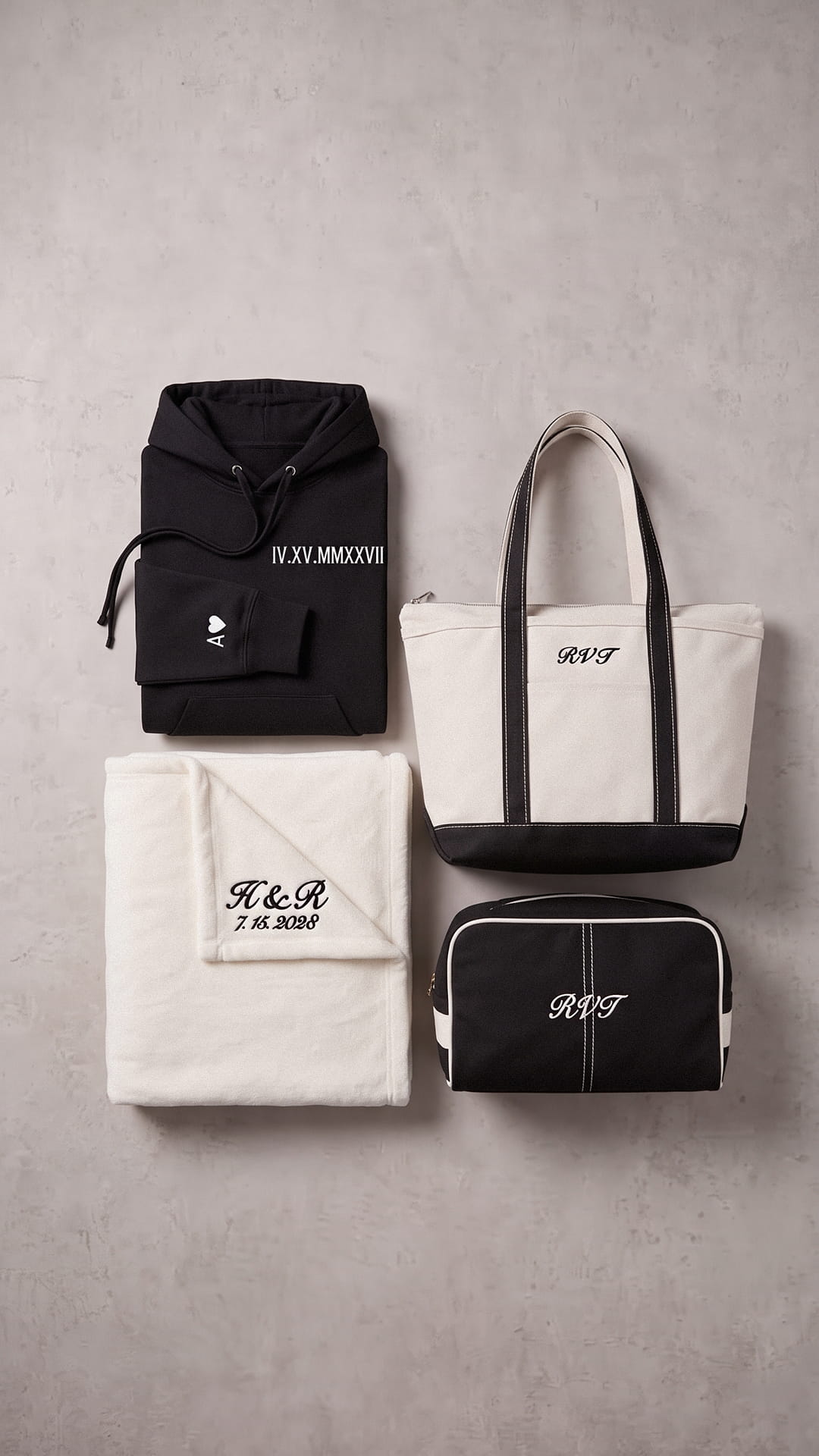 Personalized Anniversary Gift Set | Roman Numeral Hoodie, Couple Blanket, Monogram Tote & Dopp Kit