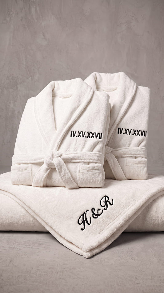 Roman Numeral Couples Robe & Blanket Set | Anniversary Date with Initials Gift