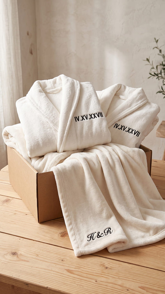 Roman Numeral Couples Robe & Blanket Set | Anniversary Date with Initials Gift