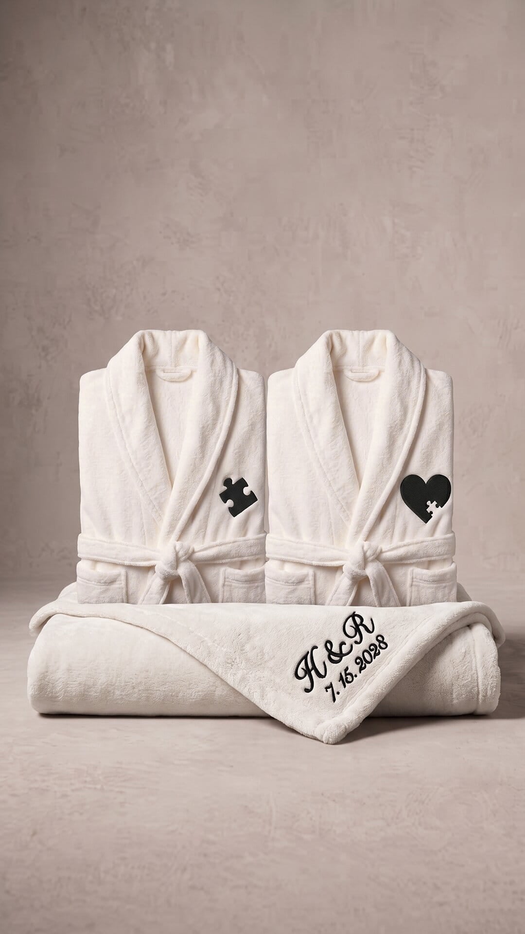 Puzzle Piece Couples Robes with Blanket Set | Initials & Date Anniversary Gift