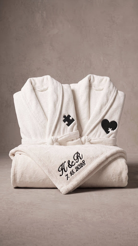 Puzzle Piece Couples Robes with Blanket Set | Initials & Date Anniversary Gift