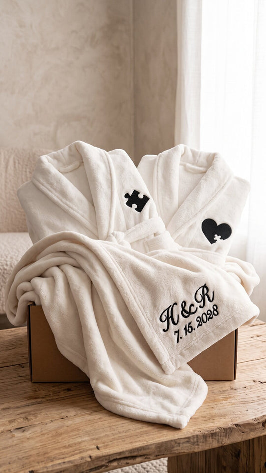 Puzzle Piece Couples Robes with Blanket Set | Initials & Date Anniversary Gift