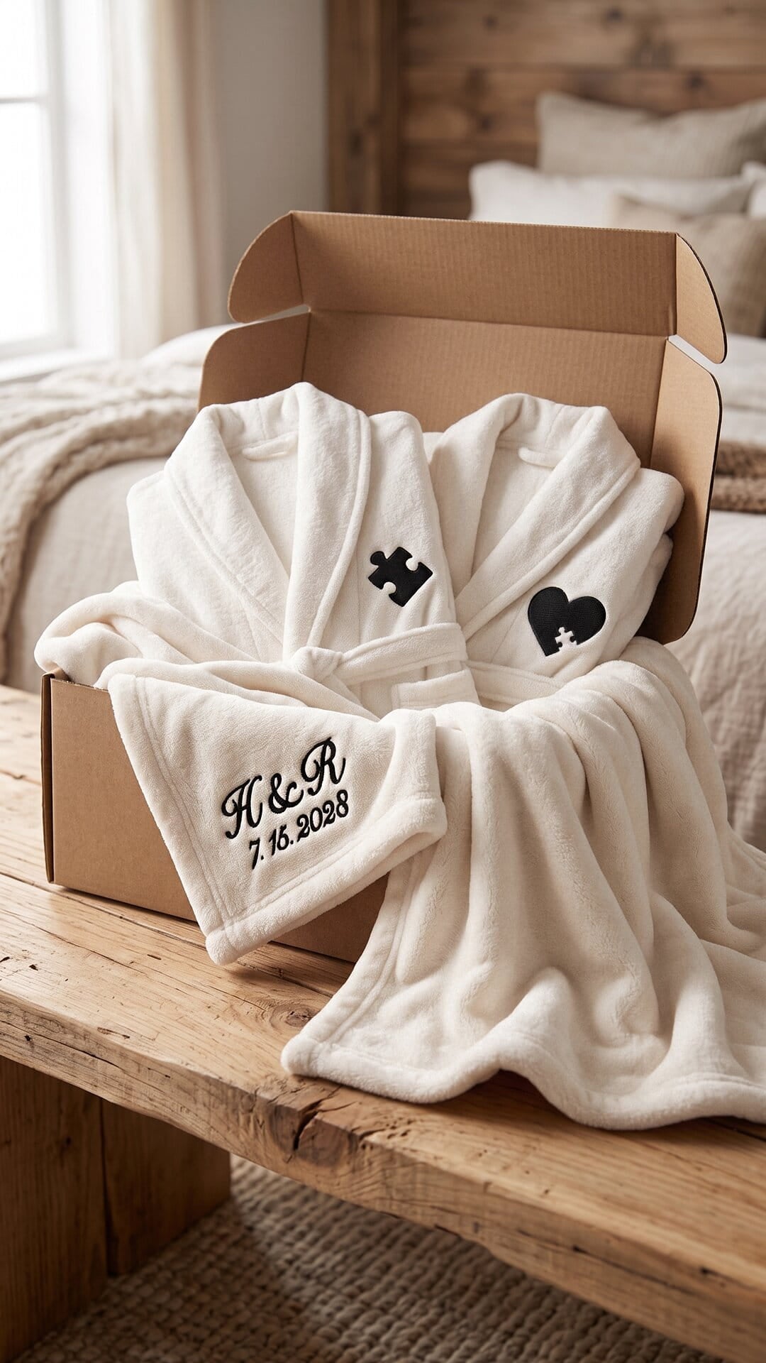 Puzzle Piece Couples Robes with Blanket Set | Initials & Date Anniversary Gift