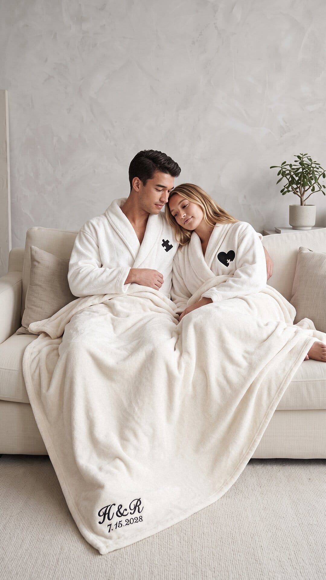 Puzzle Piece Couples Robes with Blanket Set | Initials & Date Anniversary Gift