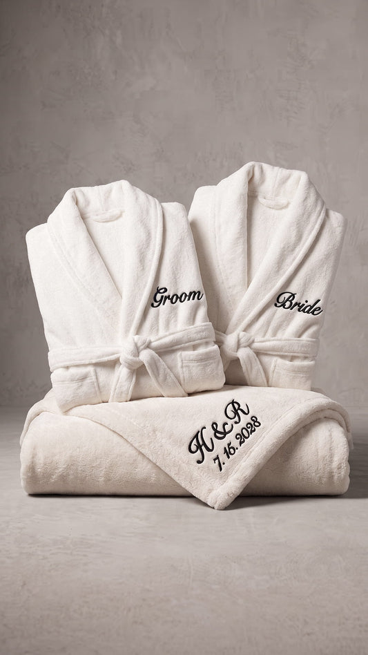 Bride & Groom Robe with Blanket Set | Titles, Initials & Date Wedding Gift