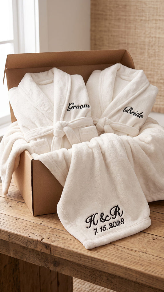 Bride & Groom Robe with Blanket Set | Titles, Initials & Date Wedding Gift
