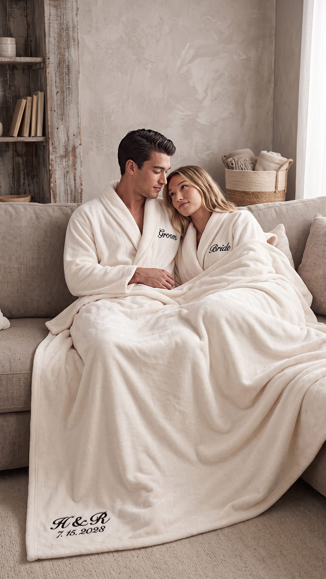Bride & Groom Robe with Blanket Set | Titles, Initials & Date Wedding Gift