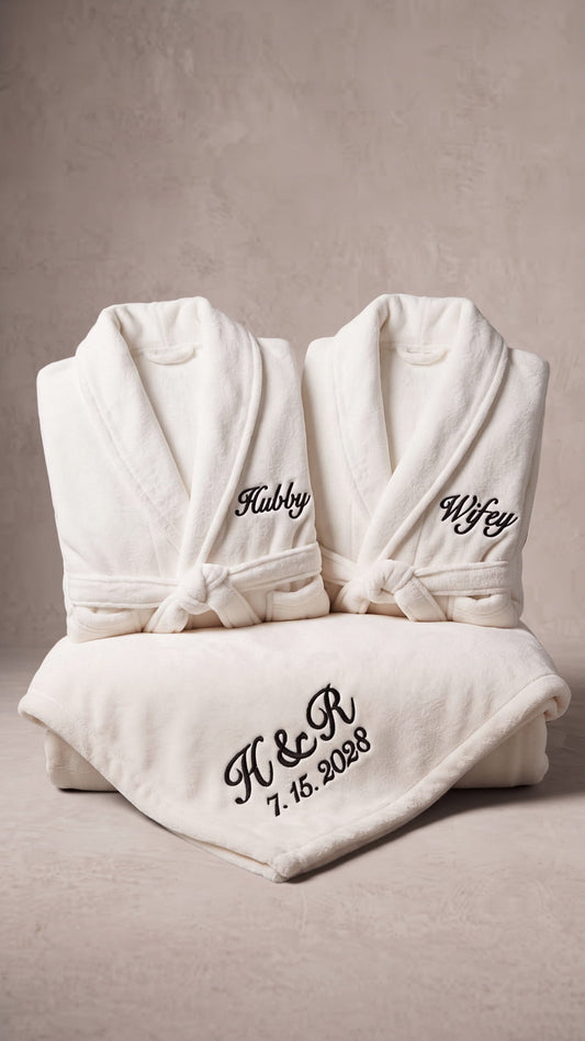 Hubby & Wifey Robe with Blanket Set | Newlywed Anniversary Gift