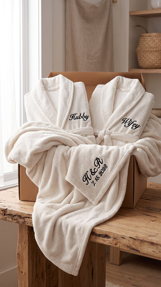 Hubby & Wifey Robe with Blanket Set | Newlywed Anniversary Gift