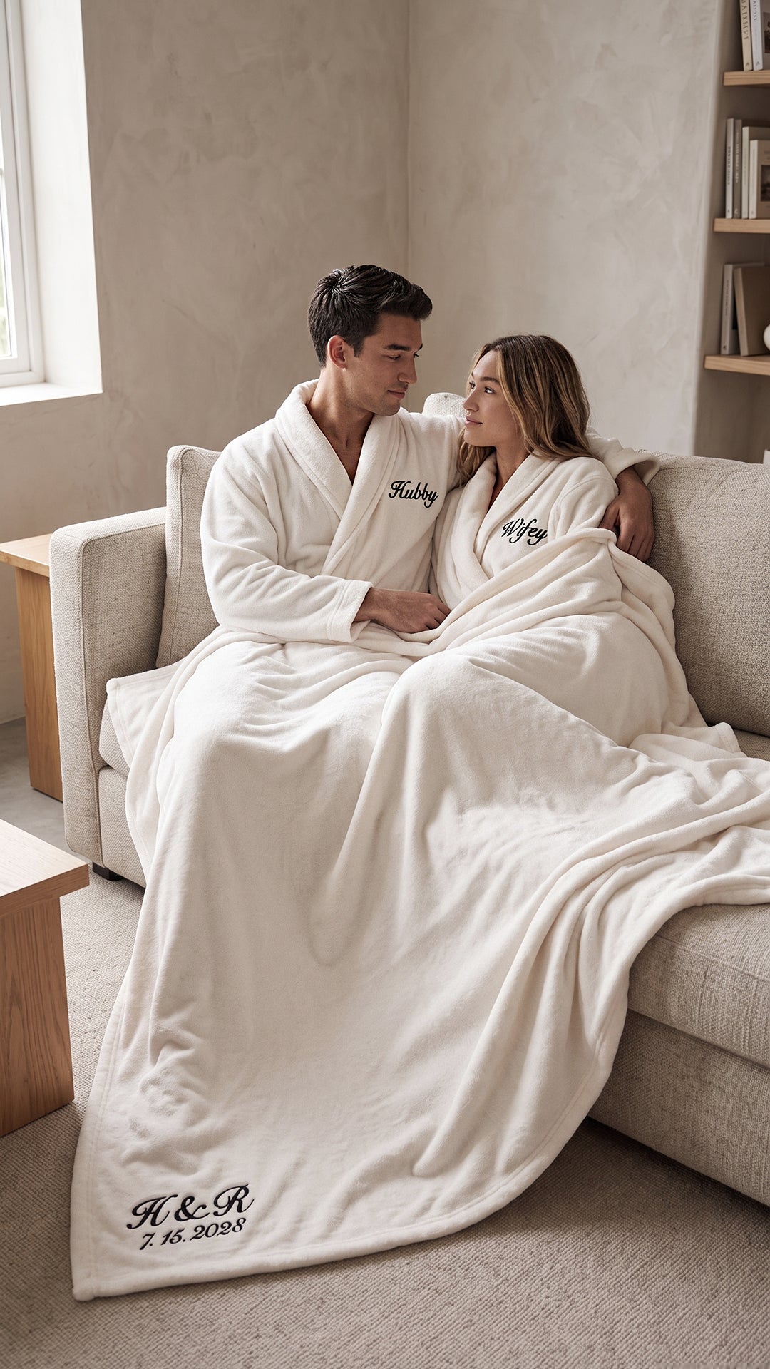 Hubby & Wifey Robe with Blanket Set | Newlywed Anniversary Gift