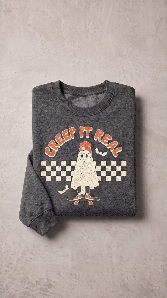 Creep It Real Halloween Sweatshirt | Retro Skateboarding Ghost