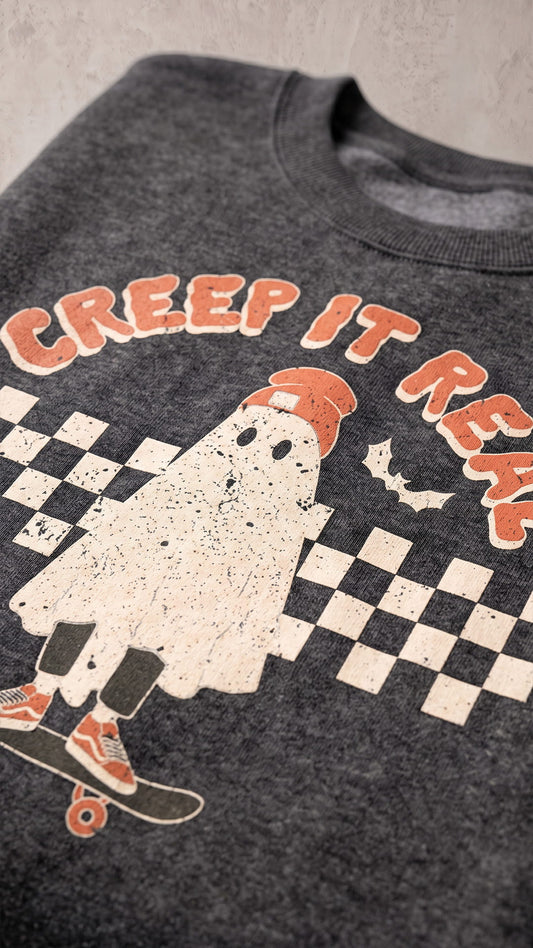 Creep It Real Halloween Sweatshirt | Retro Skateboarding Ghost