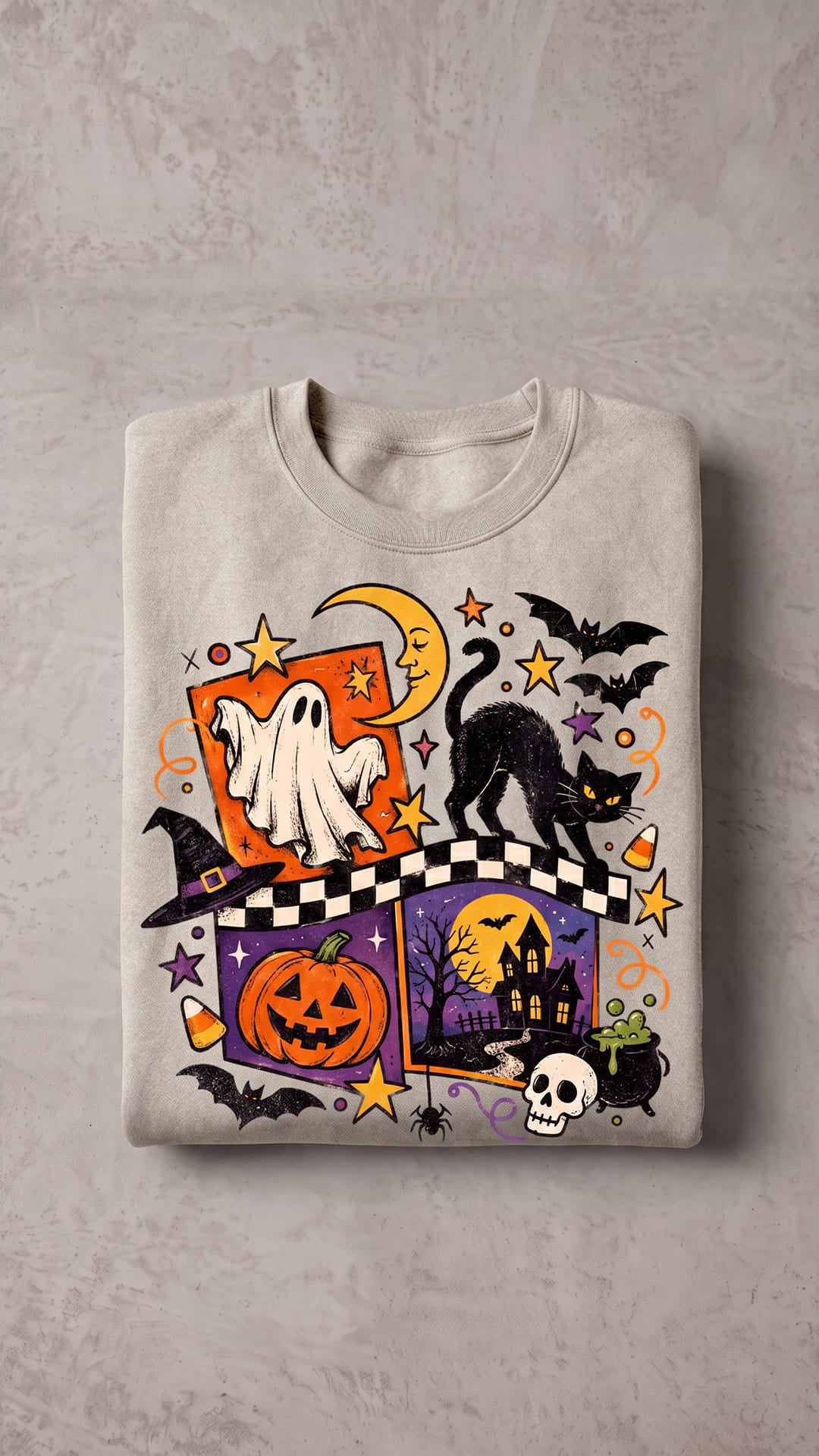 Vintage Halloween Collage Sweatshirt | Ghost, Cat & Pumpkin