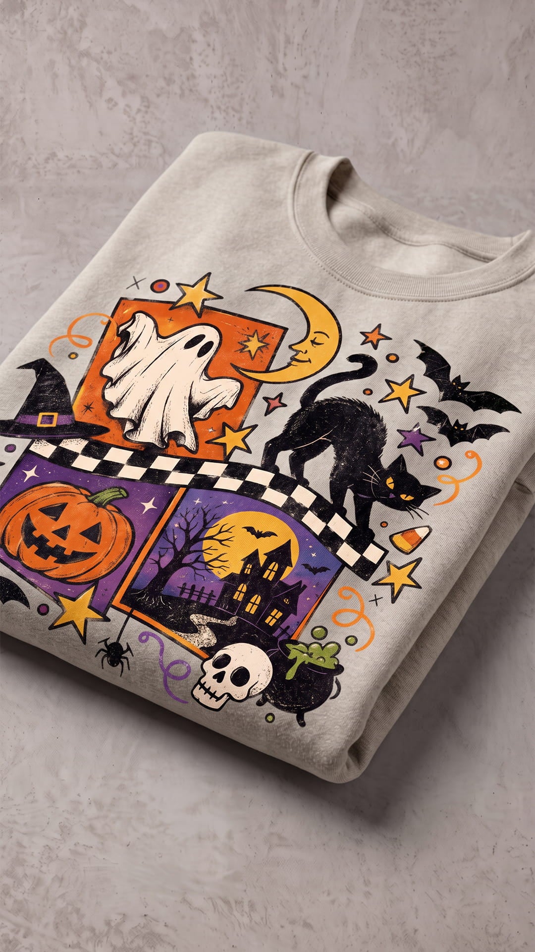 Vintage Halloween Collage Sweatshirt | Ghost, Cat & Pumpkin